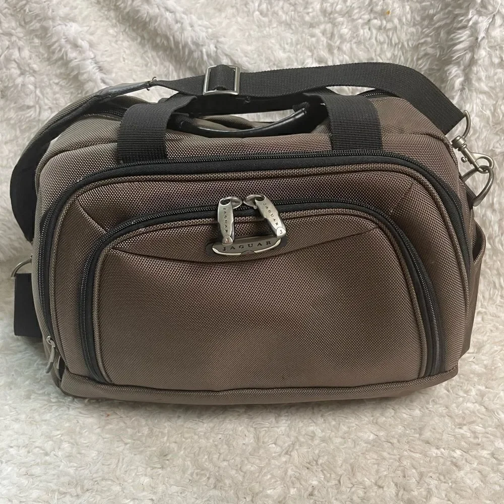 Jaguar Heavy duty Brown & Black fabric Medium duffle bag silver tone hardwares